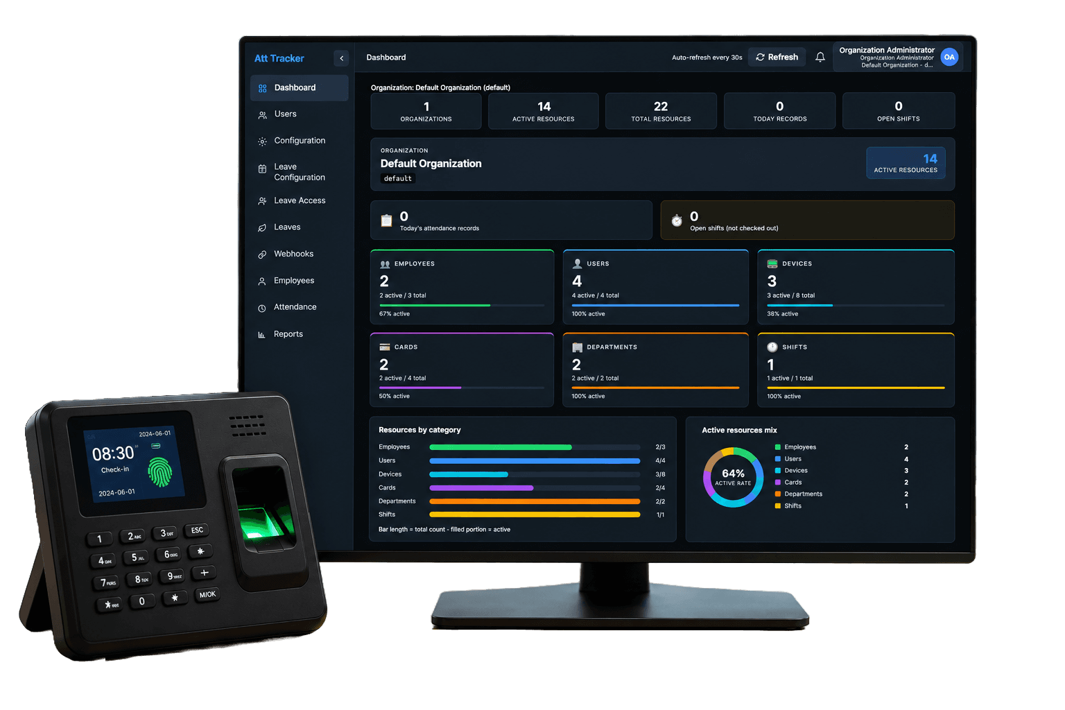 BioMetricX hardware and software: biometric terminal with face and fingerprint scan next to a desktop attendance dashboard